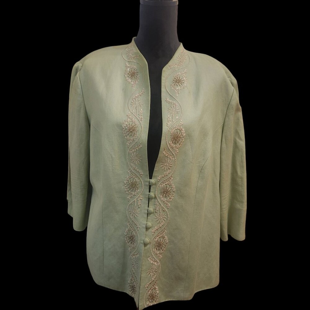 Beautiful Lime Green Jessica Howard Woman Embroidered Linen Blend Jacket Size 16 - Picture 4 of 14